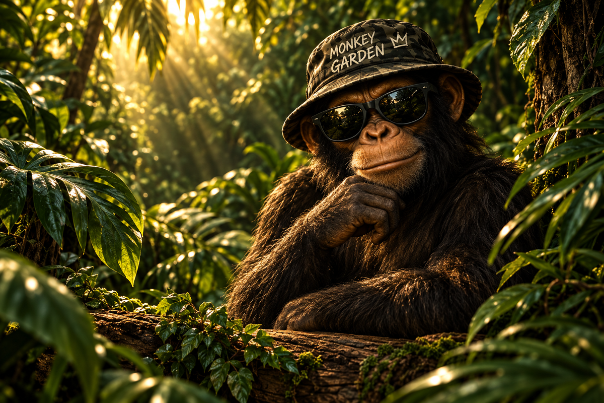 Illustration de la mascotte Monkey Garden avec son bob camouflage dans la jungle.
